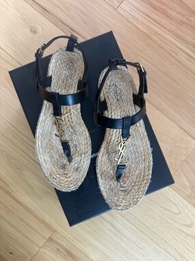 Saint Laurent Black Leather Espadrille Thong Sandals with Gold YSL Logo